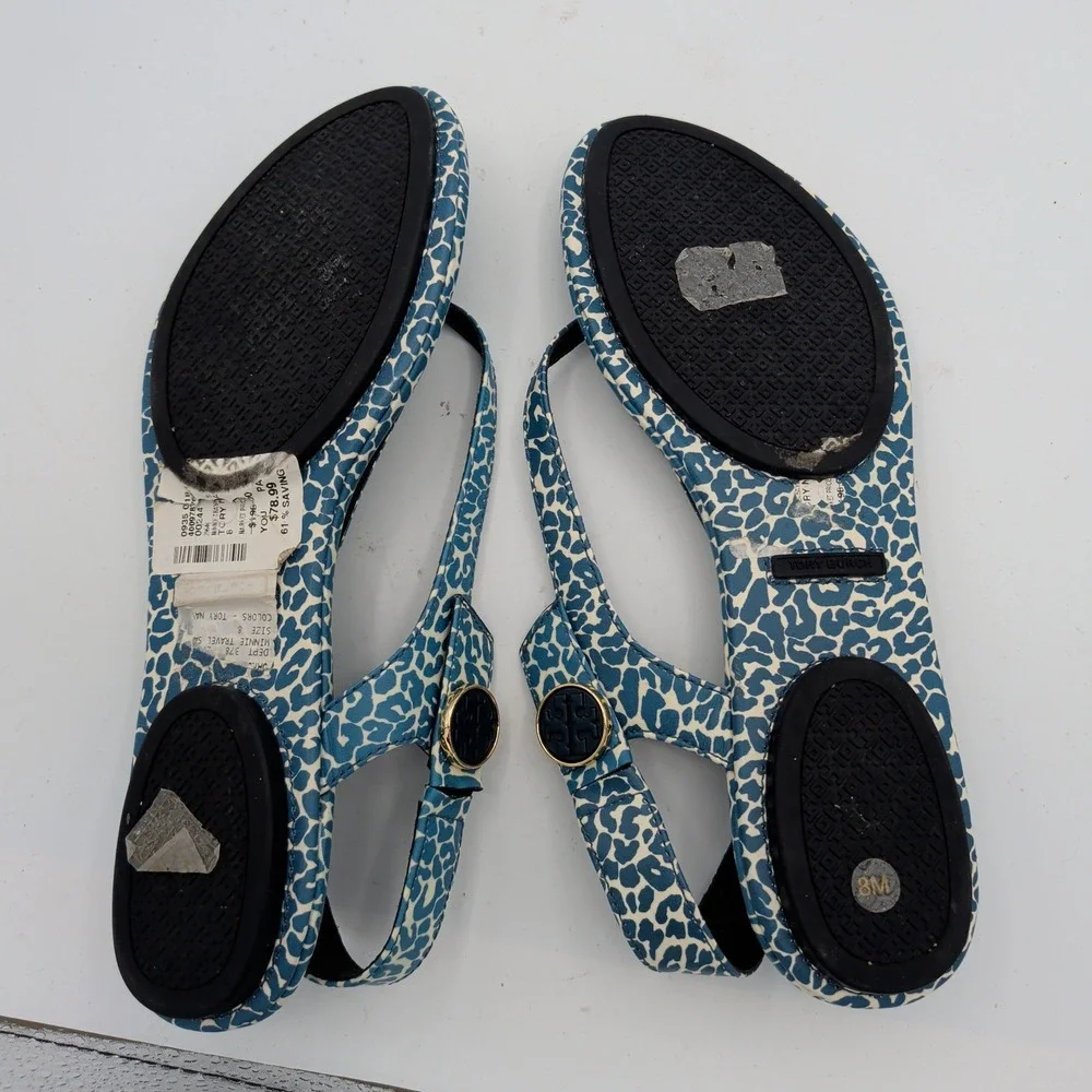 Tory Burch Minnie Travel Sandal Blue Leopard Print Leather Thong Slingback 8M